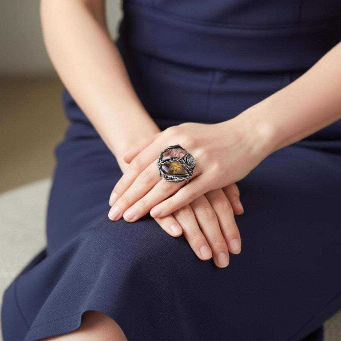 Citrine, Sunstone & Pyrite Ring - Amulet  Crystal Ring.
