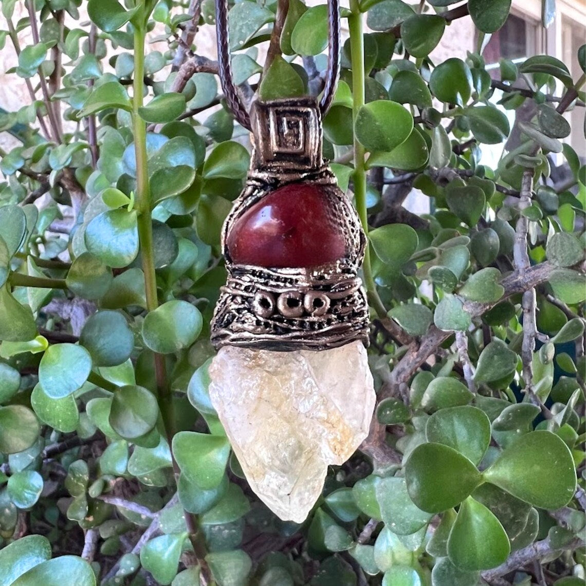 Natural Citrine & Carnelian Pendant Necklace – Large Raw Crystal Amulet.