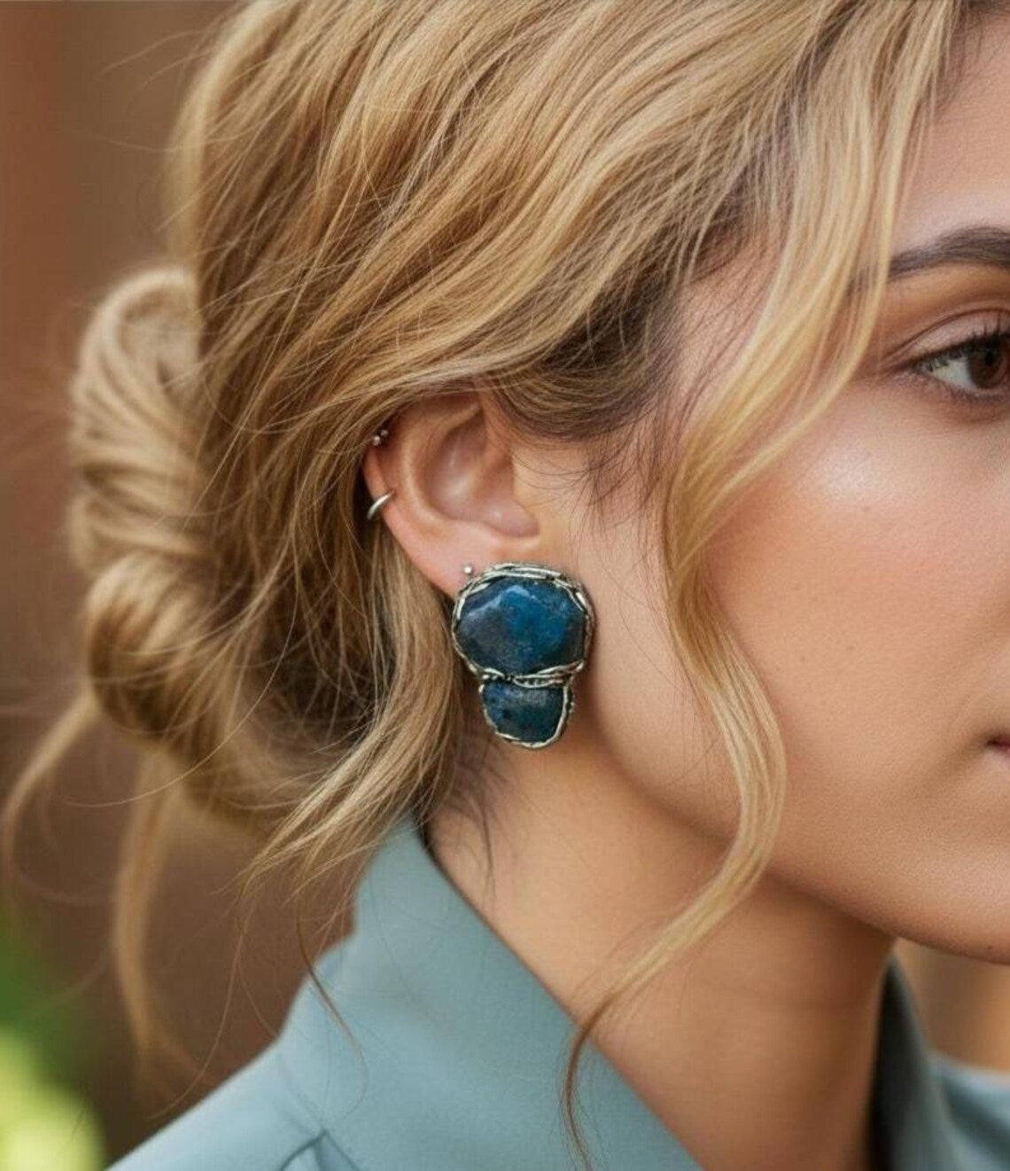 Handmade Blue Apatite clip on earrings.