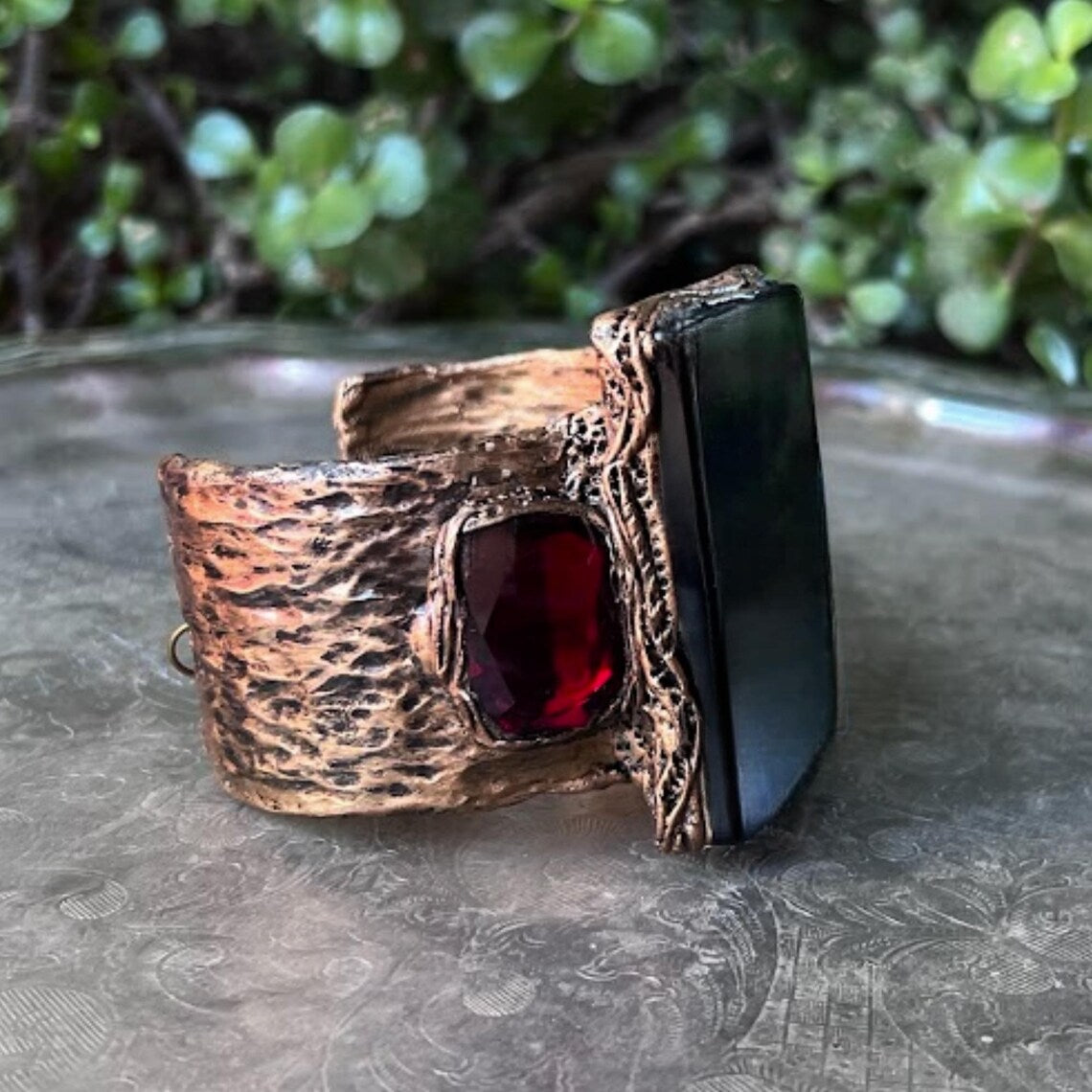 Black Onyx & Garnet Cubic Zirconia Wide Cuff Bracelet – Large Statement Jewelry