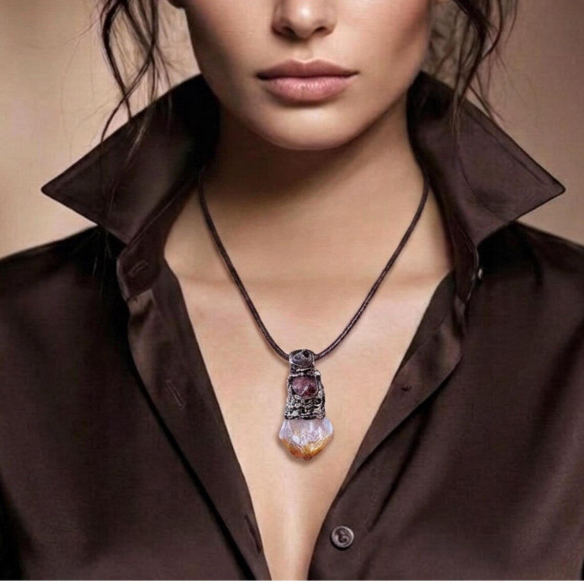 Citrine & Carnelian Pendant Necklace - Raw Crystal Amulet.