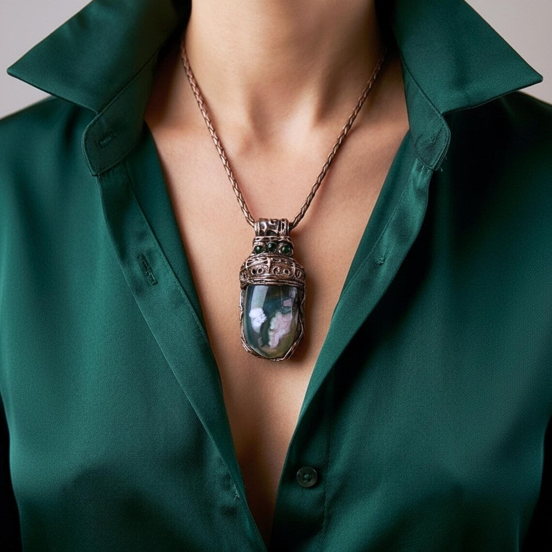 Green Flower Agate Pendant Necklace-  Healing Crystal Amulet