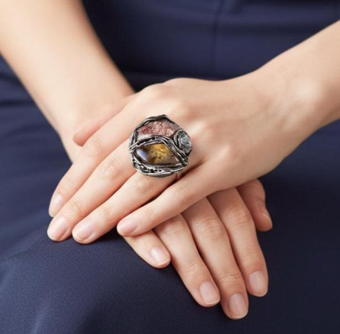 Citrine, Sunstone & Pyrite Ring - Amulet  Crystal Ring.