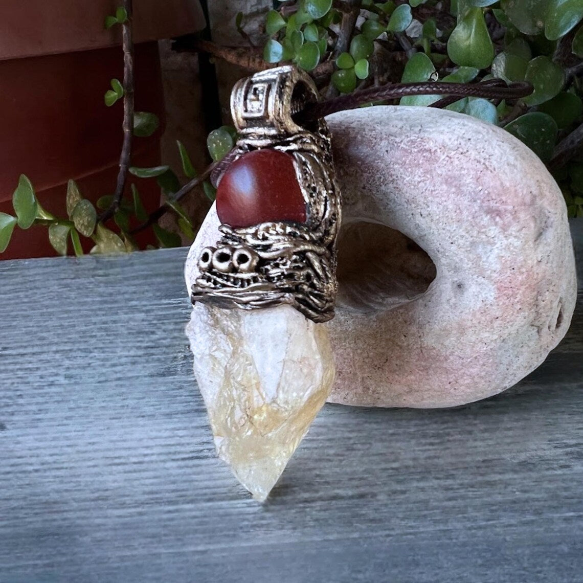 Natural Citrine & Carnelian Pendant Necklace – Large Raw Crystal Amulet.