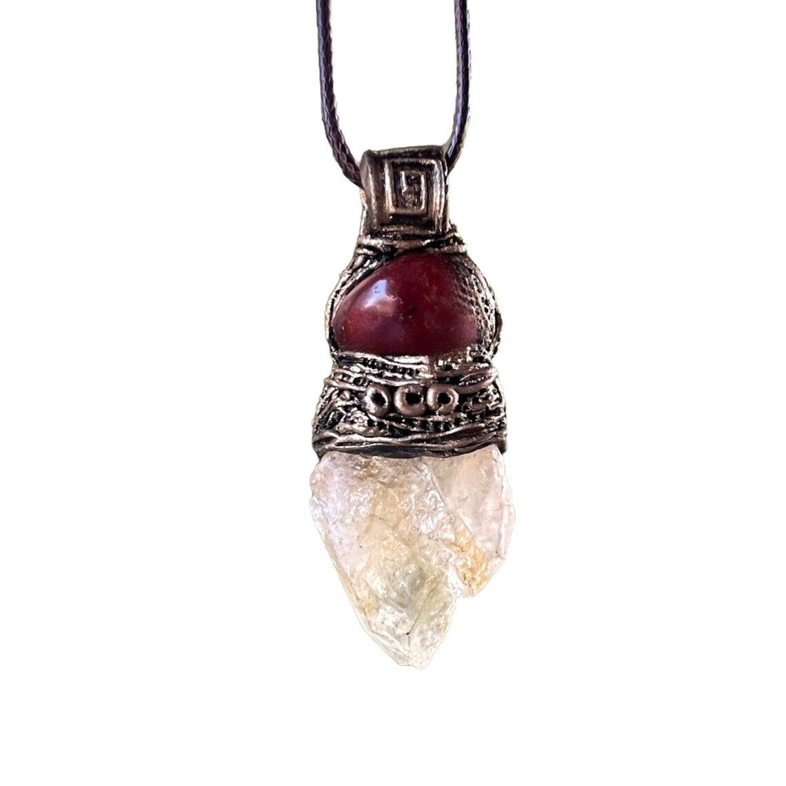 Natural Citrine & Carnelian Pendant Necklace – Large Raw Crystal Amulet.