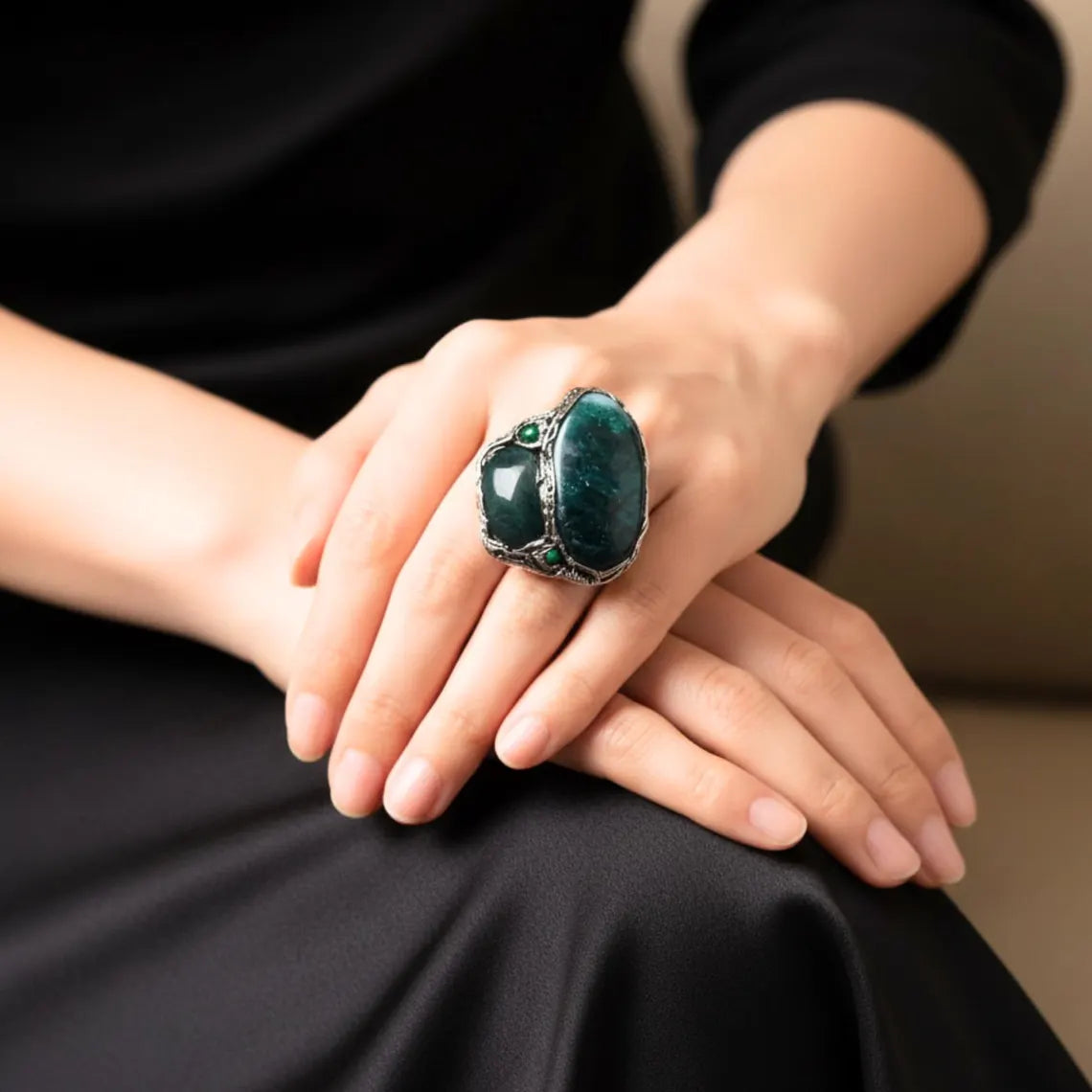 Jade and Aventurine Chunky Green Stone Ring -  Oversized Modern Cocktail Ring