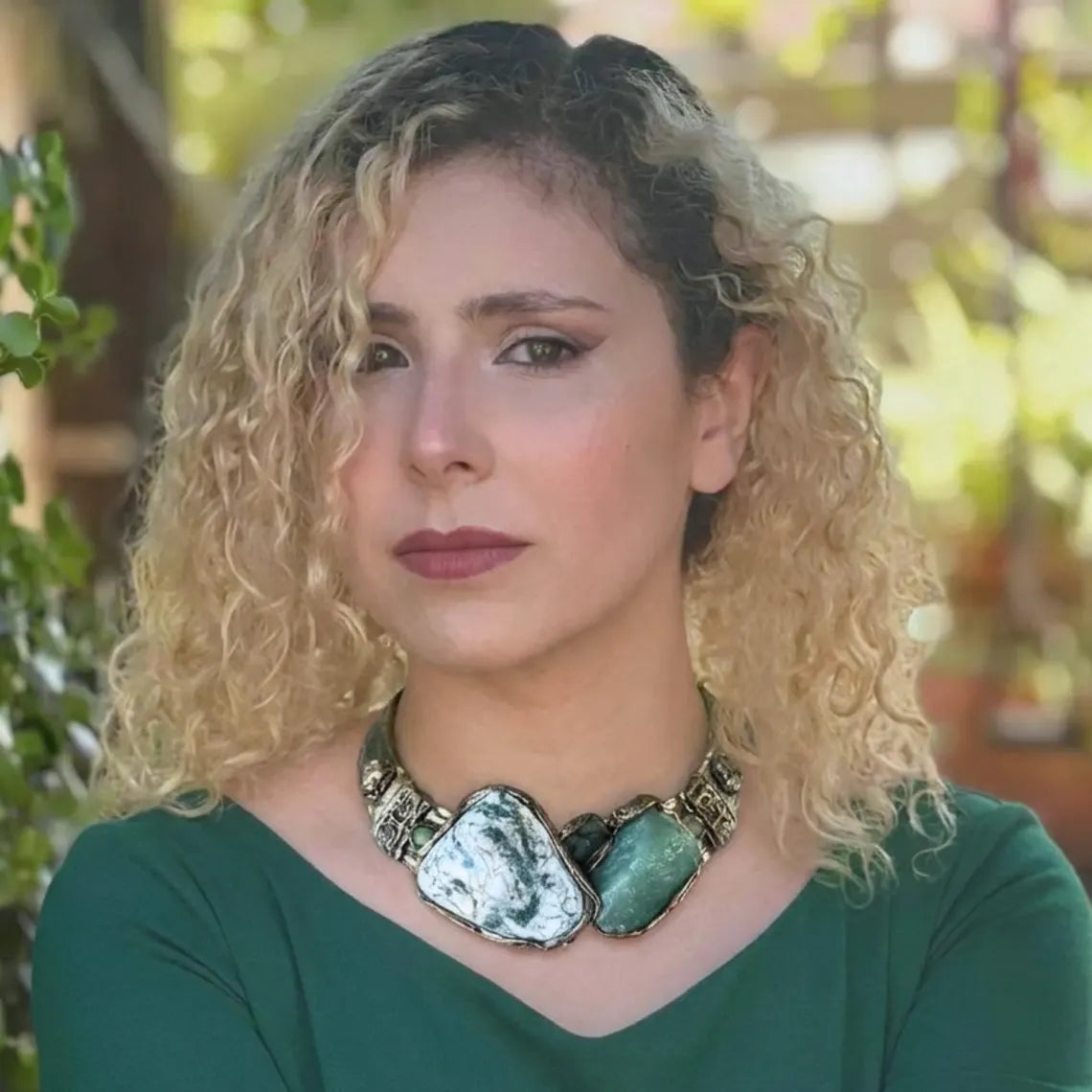 Aventurine and Tree Agate statement choker with large natural green stones, handcrafted one-of-a-kind chunky sculptural necklace.