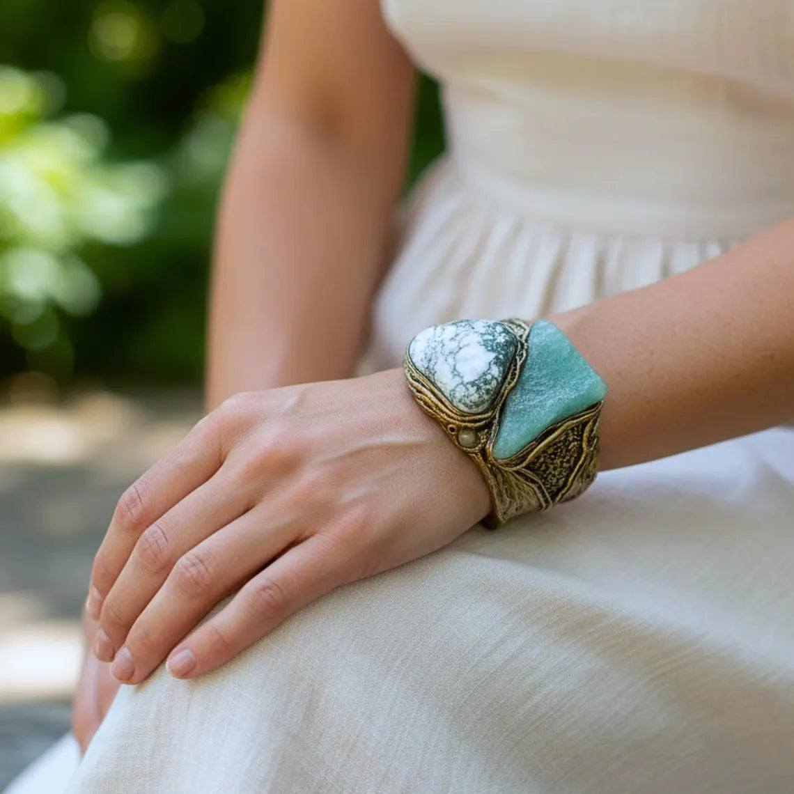 Wide Cuff Bracelet with Green Aventurine & Tree Agate 