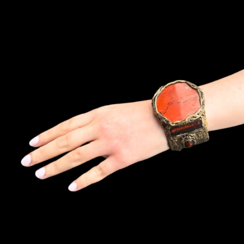 Red Jasper and Murano Glass Statement Cuff Bracelet, Chunky Boho Healing Crystal Bracelet