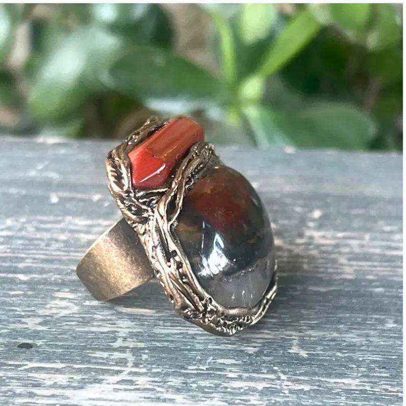 Bloodstone & Red Jasper Chunky Ring - Boho Statement Cocktail Ring, Unique gift for Her