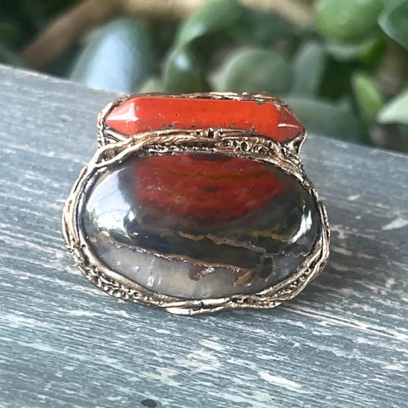 Bloodstone & Red Jasper Chunky Ring - Boho Statement Cocktail Ring, Unique gift for Her