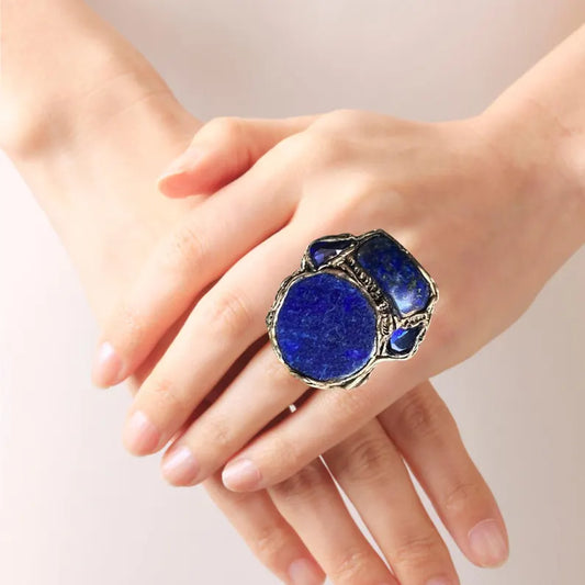 Chunky Lapis Lazuli Big Stone Ring, Blue Large Cocktail Ring