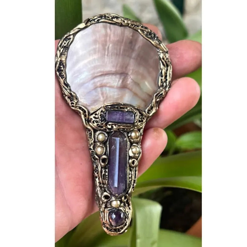 Mother of Pearl & Amethyst Large Brooch - Boho Bold Statement Jewelry - Unique Gift for her