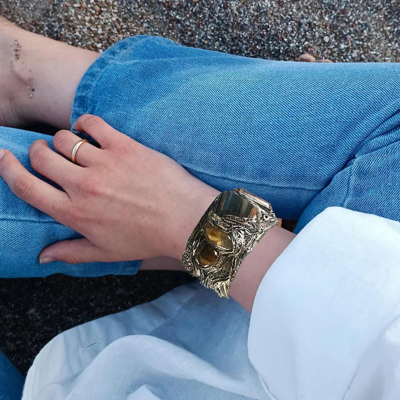 Tiger Eye & Citrine Bracelet - Statement Gemstone Cuff