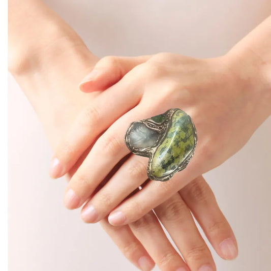 Chunky Serpentine & Calcite Green Stone Ring -Boho Unique Gift for Her