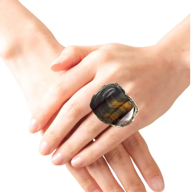 Statement Tiger Eye Ring - Chunky Gemstone Jewelry for Her