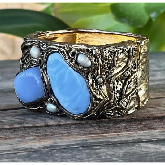 Blue Opal, Onyx & Pearls Cuff Bracelet - Statement Chunky Gemstone Jewelry