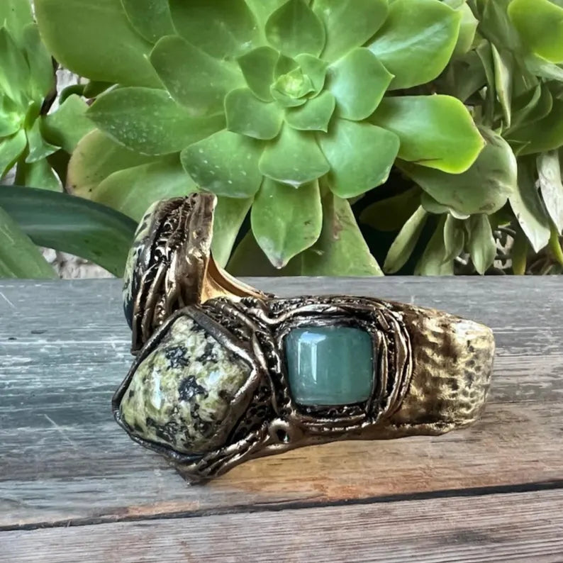 Green Stone Chunky Bracelet with Serpentine and Aventurine - Hinged Cuff