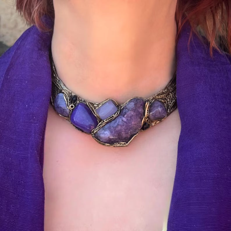 Wide Purple Choker Stone Chunky Necklace - Unique Crystal Jewelry for Special Occasions