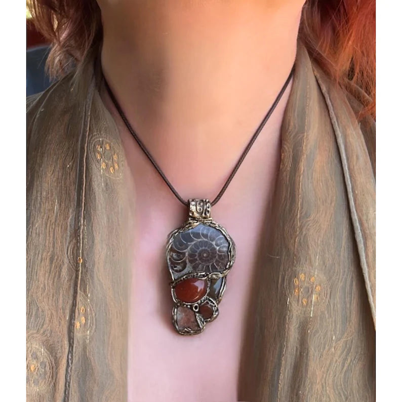 Amber & Ammonite Fossil Ring - Chunky Gemstone Statement Jewelry