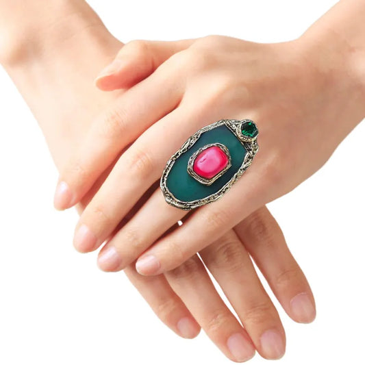 Green & Red Stone Statement Ring with Agate & Coral - Chunky Bold Cocktail Jewelry
