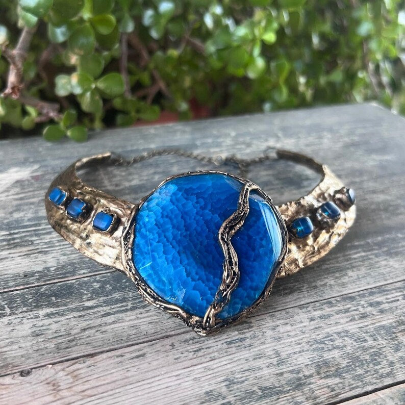 Large Cuff Blue Agate Bracelet – Chunky Gemstone Statement Jewelry