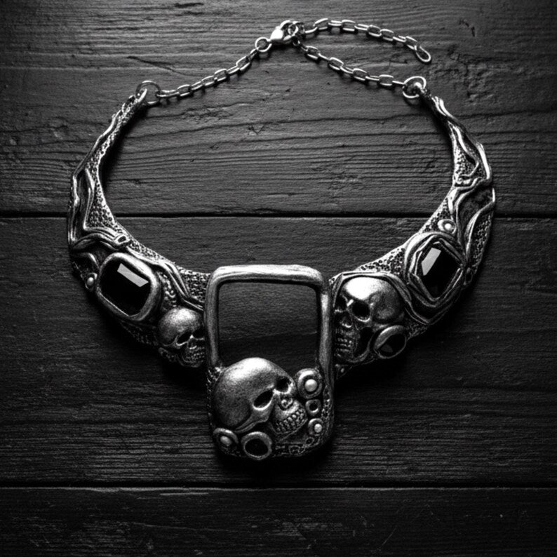 Gothic Onyx Crystal Necklace | Skull Choker | Goth Wedding Jewelry