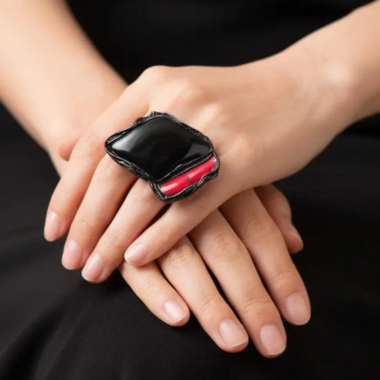 Black Onyx Chunky Ring with Red Coral - Statement Gemstone Jewelry