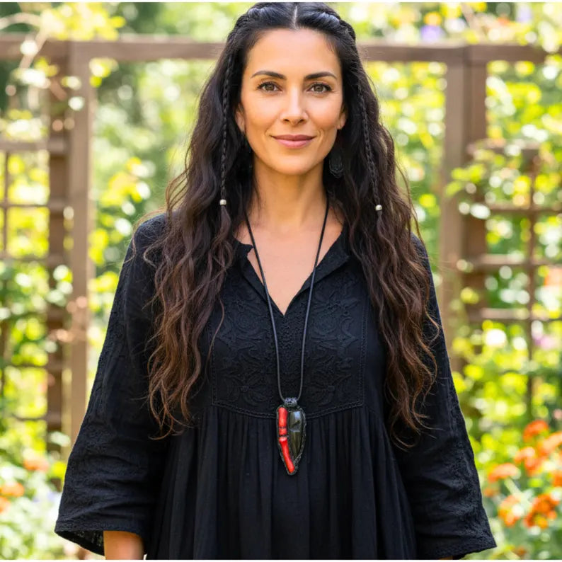 Black Onyx Chunky Ring with Red Coral - Statement Gemstone Jewelry