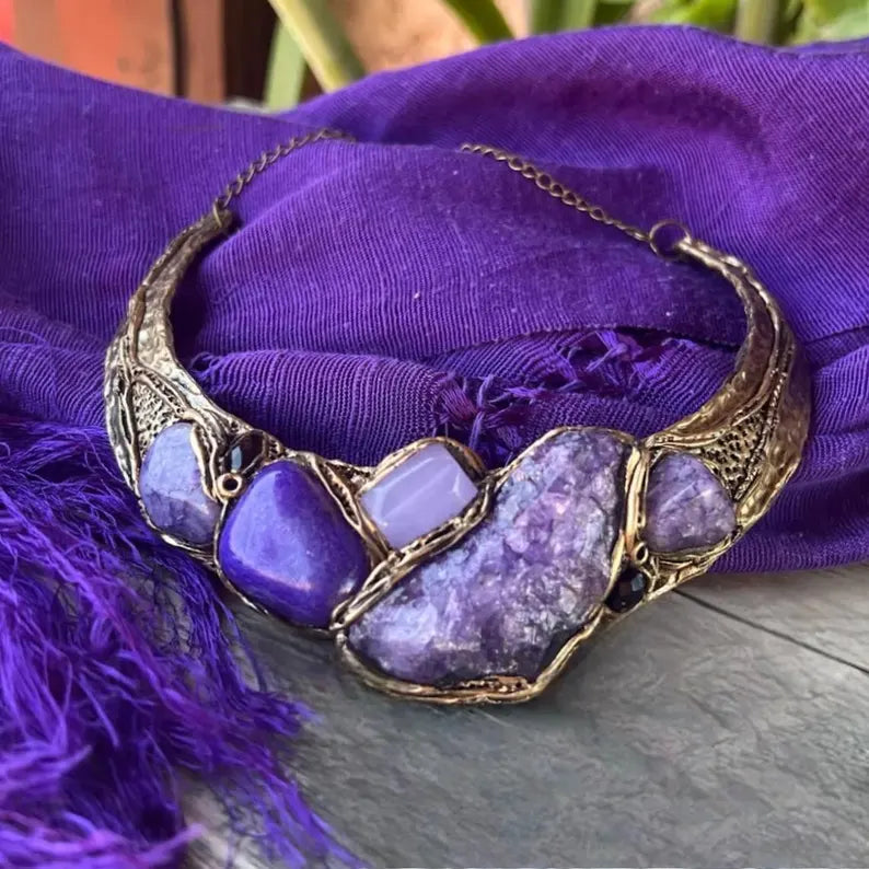 Purple Gemstone Choker Necklace- Calcite, Agate & Chalcedony Collar