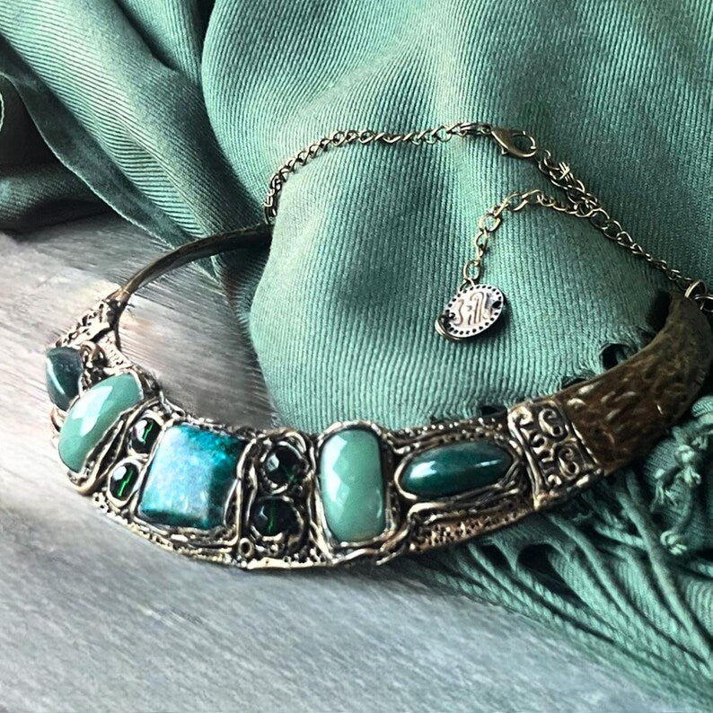 Chunky Aventurine and Chrysocolla green stone choker necklace, bold natural statement jewelry.