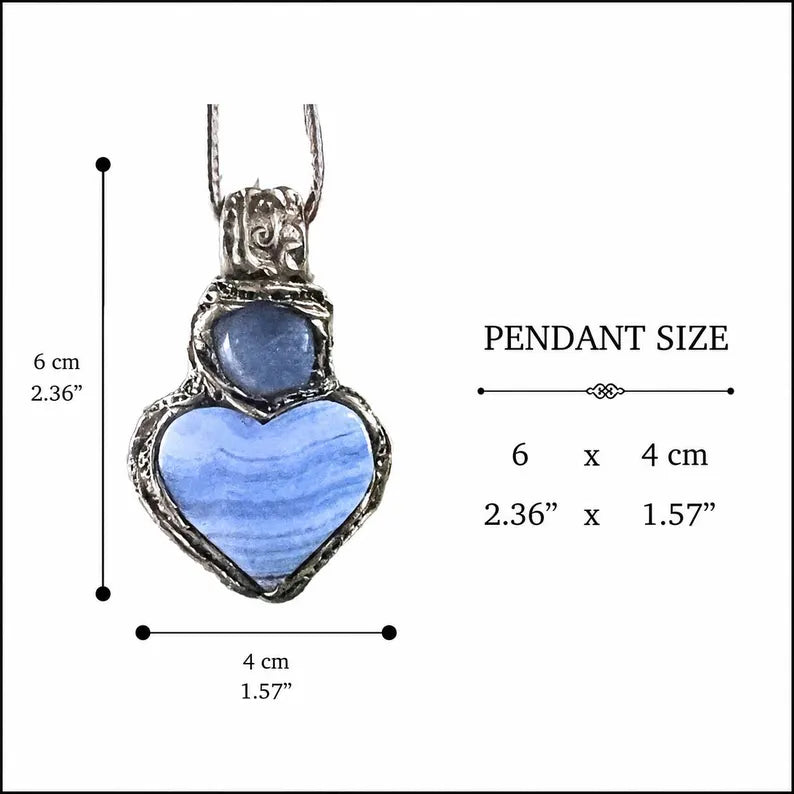 Blue Lace Agate & Chalcedony Heart Stone Pendant Necklace - Healing Crystal Amulet