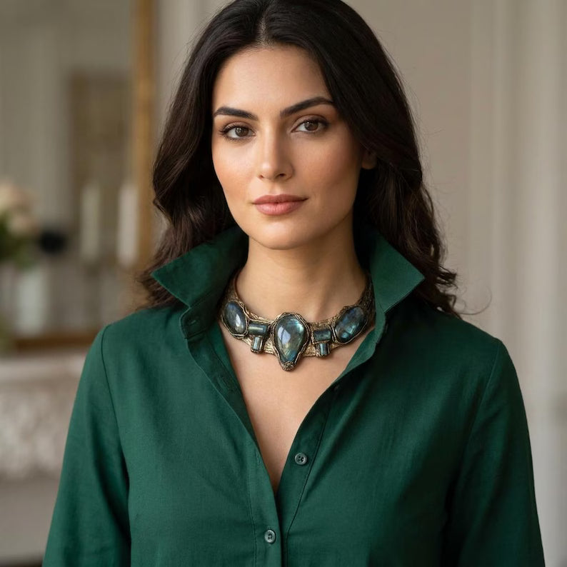 Labradorite and Prehnite Chunky Choker Necklace Statement Special Event Jewelry