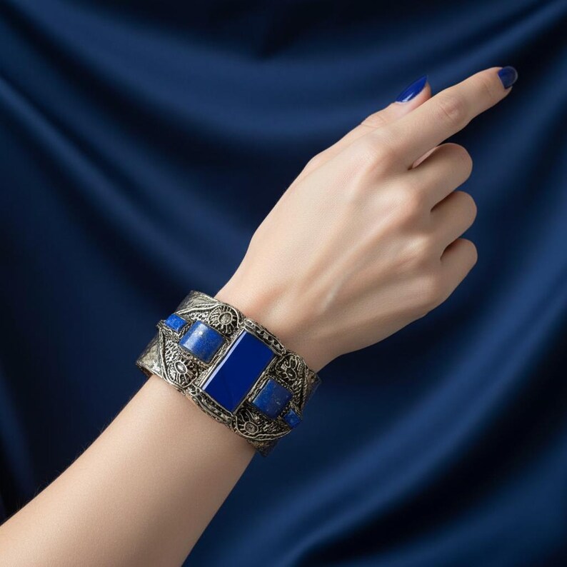 Lapis Lazuli Gemstone Wide Bracelet - Statement Blue Stone Cuff
