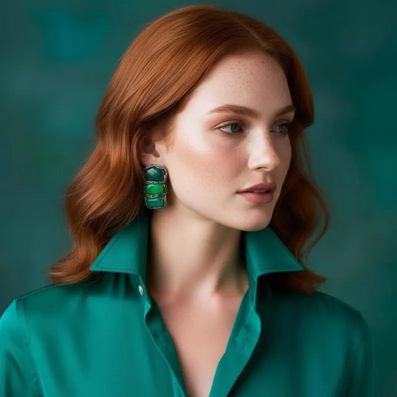 Malachite & Jade Green Stone Earrings, Modern Statement Crystal Jewelry