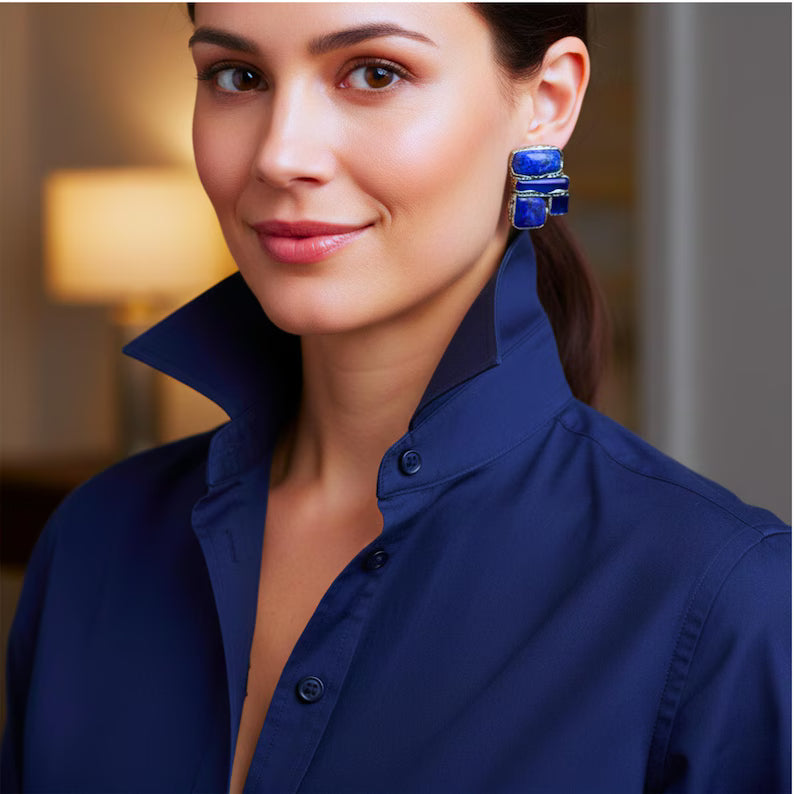 Blue Lapis Lazuli and Sodalite Statement Clip On Earrings