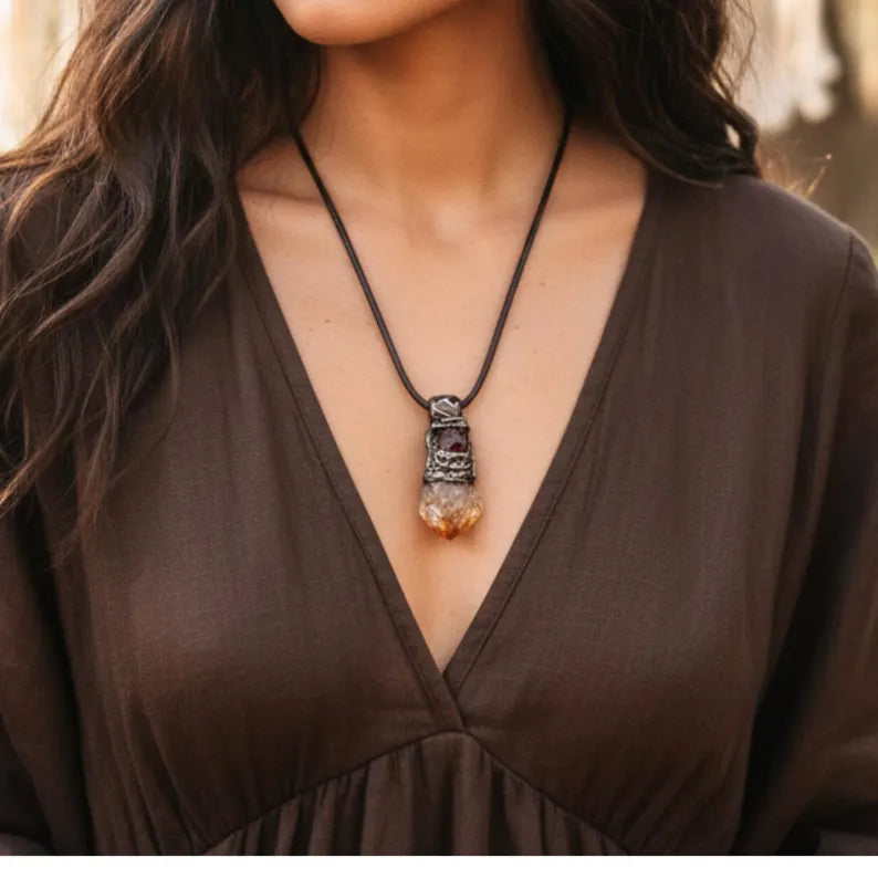 Citrine & Carnelian Pendant Necklace - Raw Crystal Amulet.