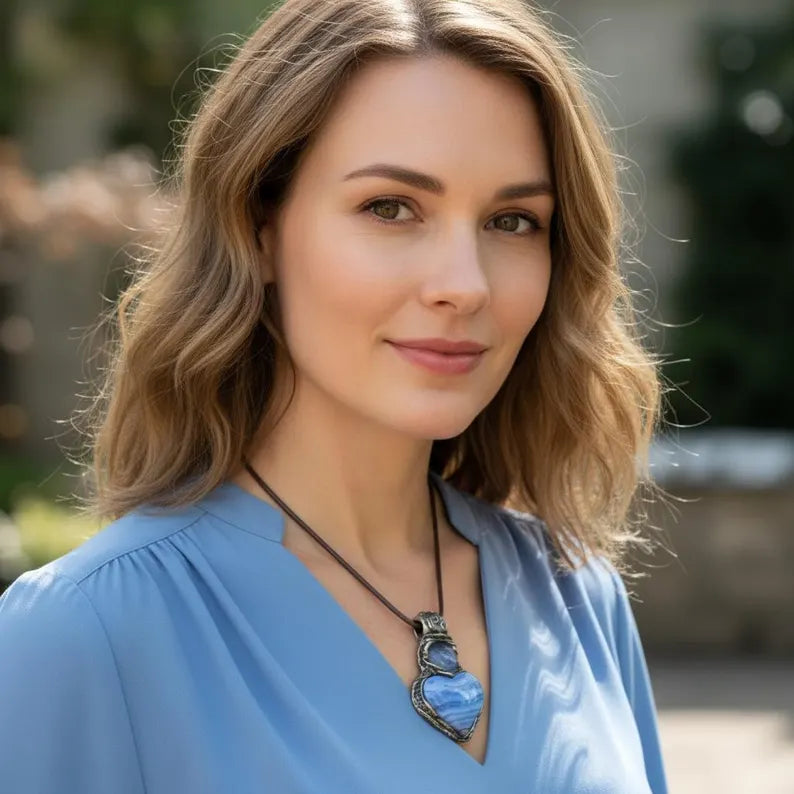 Blue Lace Agate & Chalcedony Heart Stone Pendant Necklace - Healing Crystal Amulet