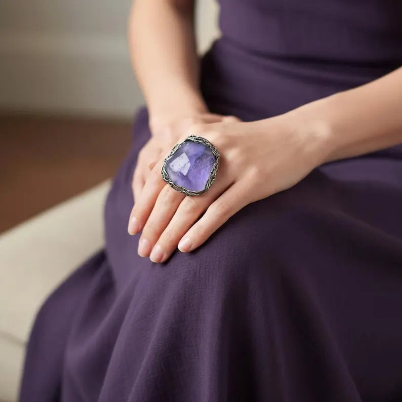 Amethyst Healing Crystal Cuff Bracelet, Boho Purple Stone Bracelet