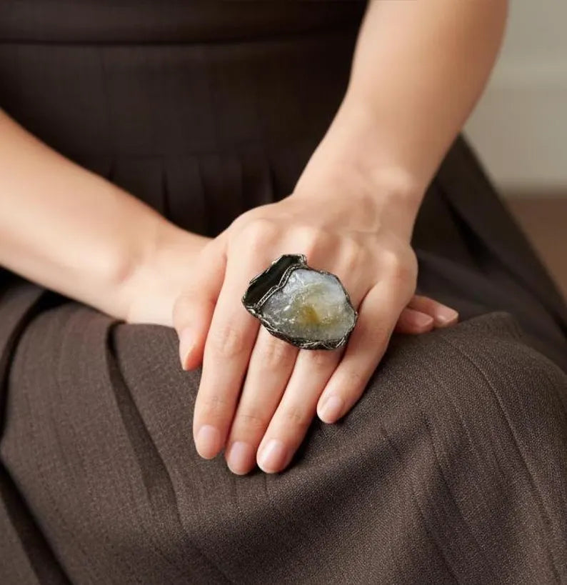 Citrine Wide Cuff Bracelet - Unique Chunky Crystal Jewelry