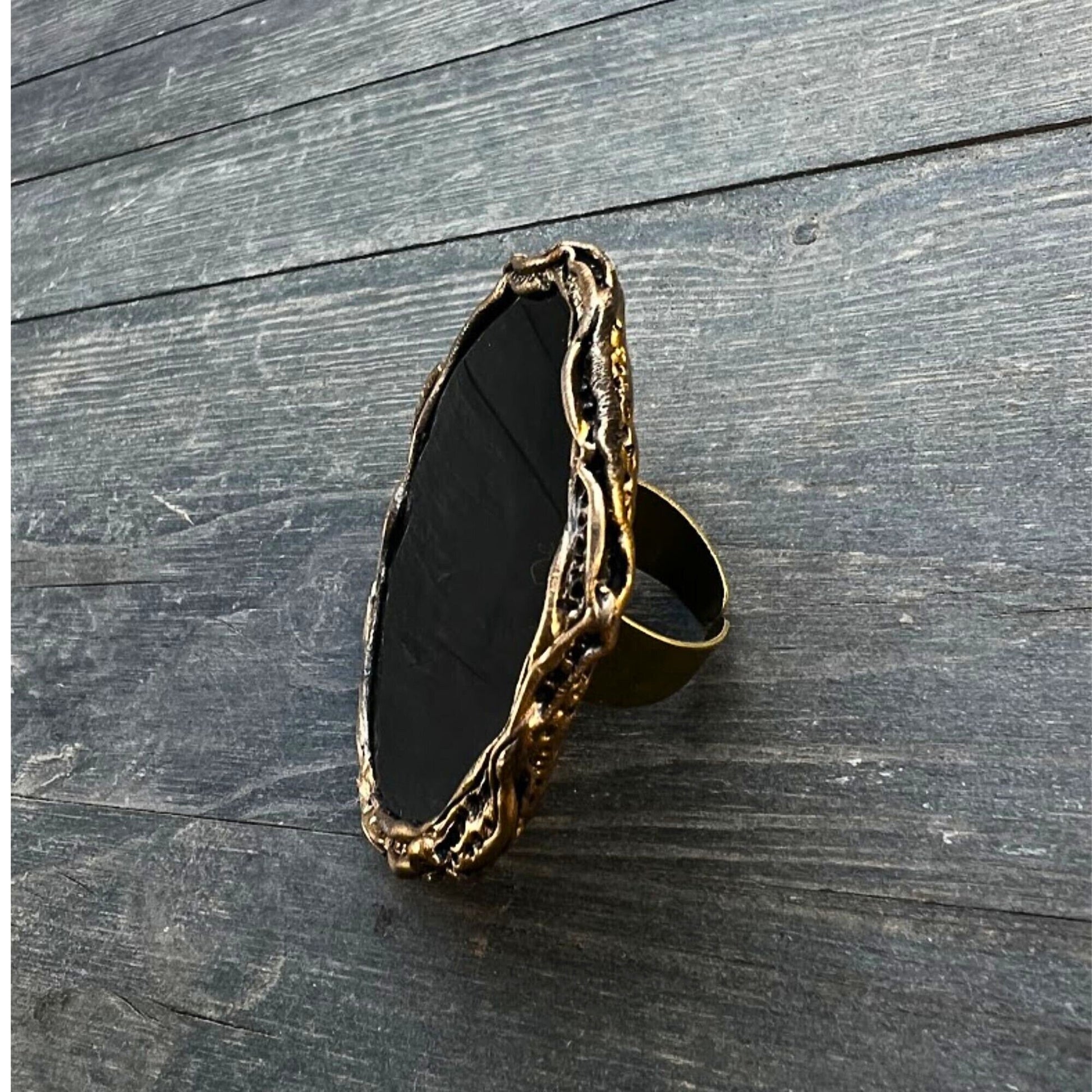 Oversized Black Obsidian Round Ring Chunky Huge Large Stone