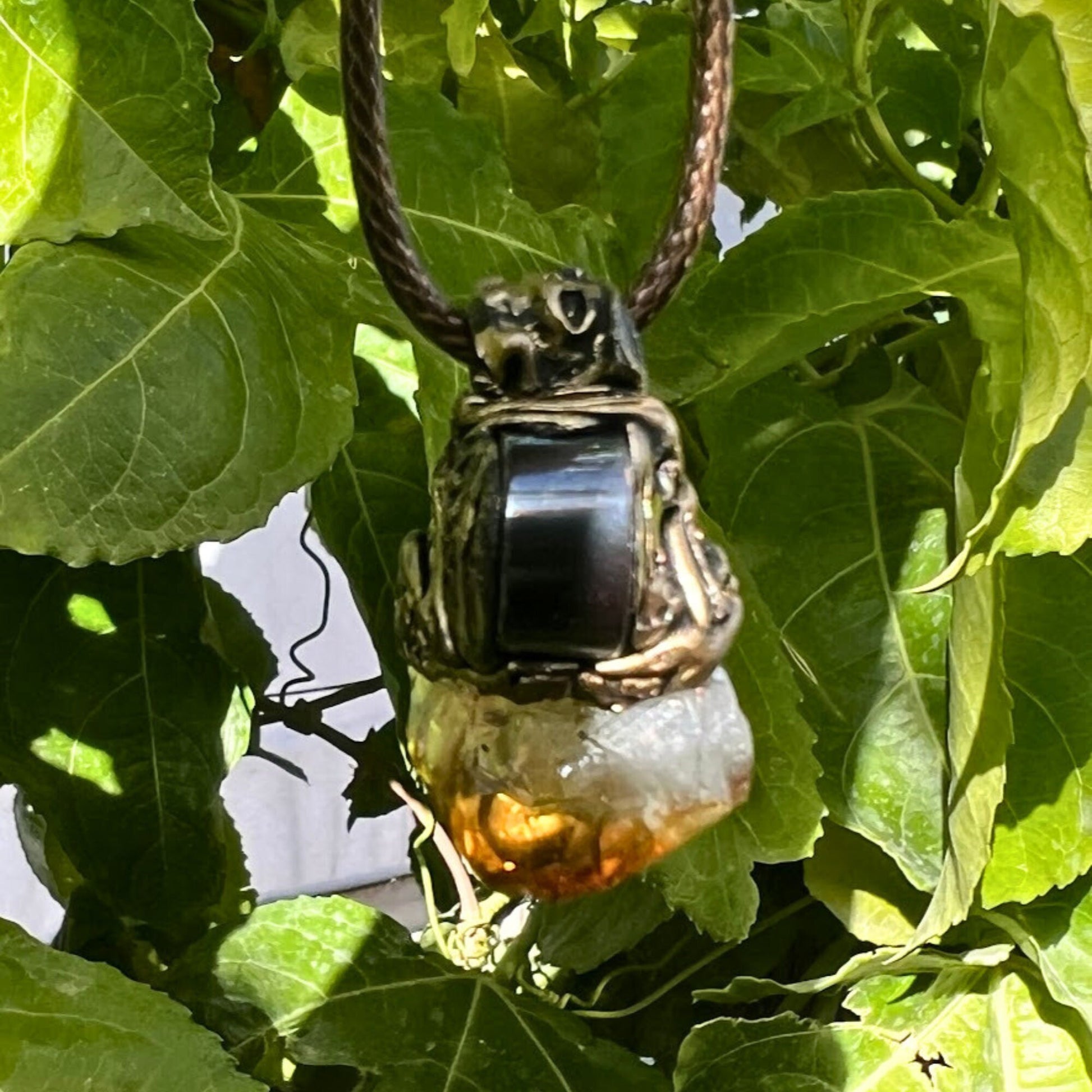 Citrine and Hematite Pendant -  Raw Crystal Amulet Necklace