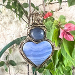 Blue Lace Agate and Chalcedony Heart Stone Pendant Necklace - Healing Crystal Amulet