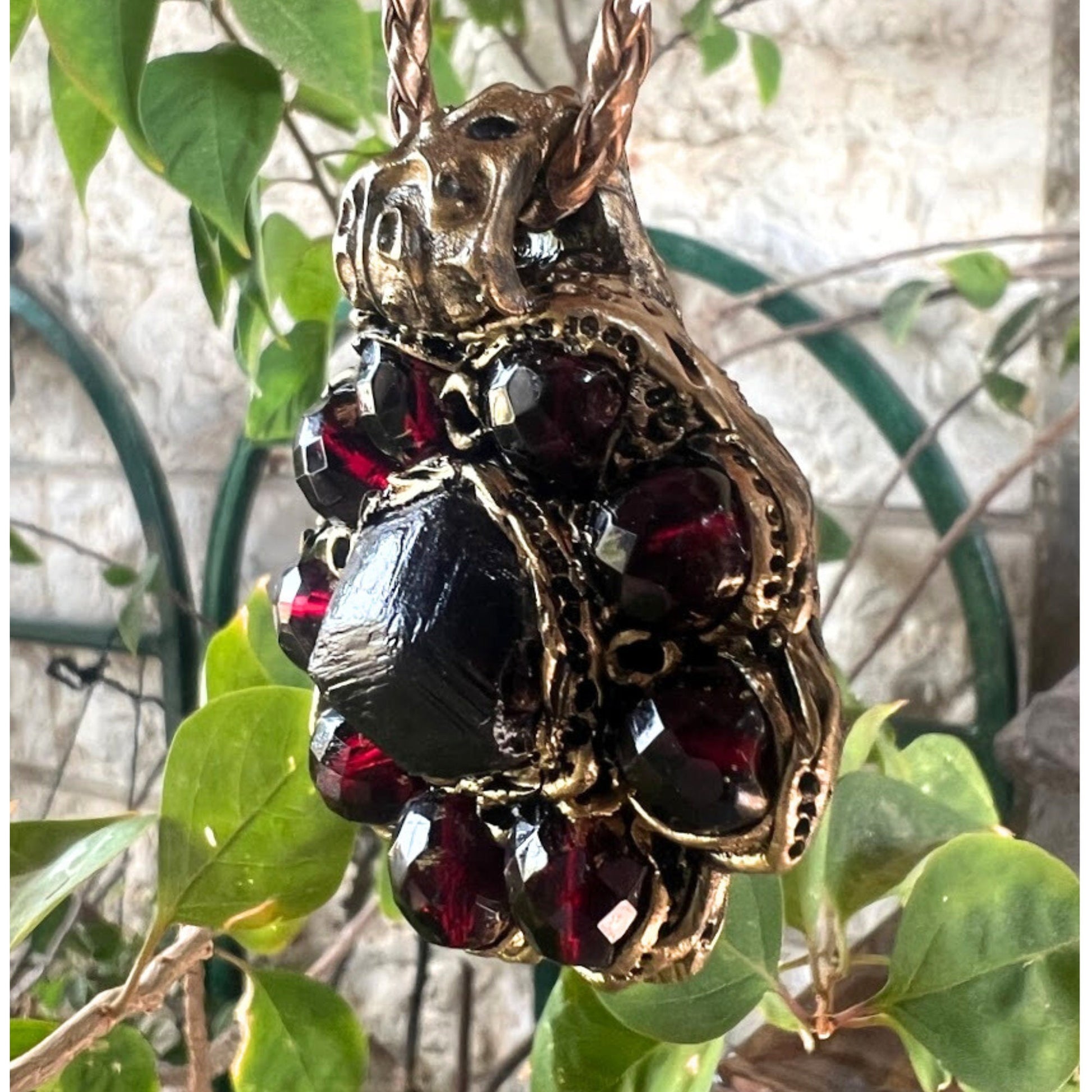 Raw Garnet choker stone necklace red flower crystal pendant
