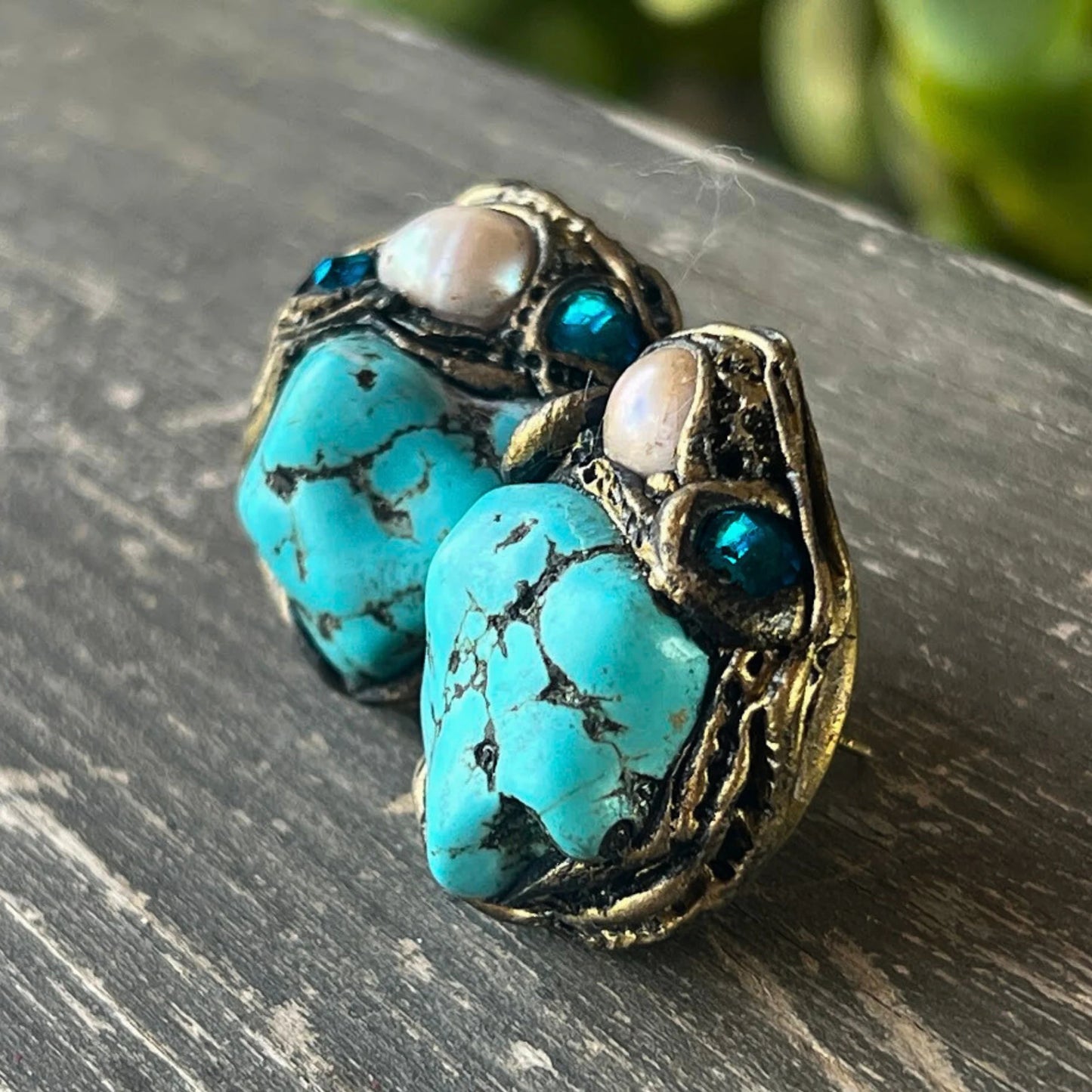 Turquoise Earrings with Pearls, Boho Gemstone Stud Earrings, Unique Gifts for Her