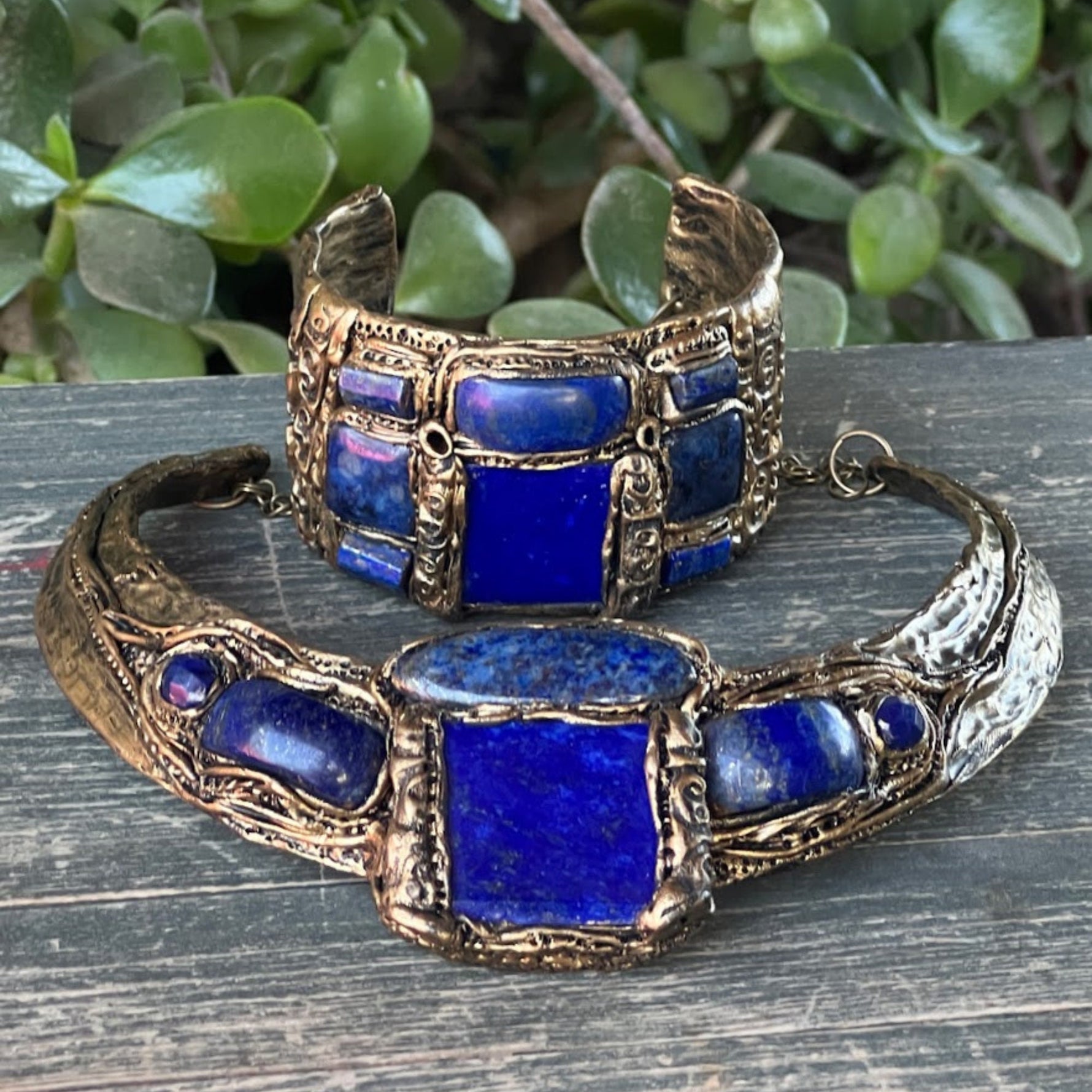 Lapis Lazuli and Sodalite Wide Bracelet -  Statement Blue Gemstone Cuff