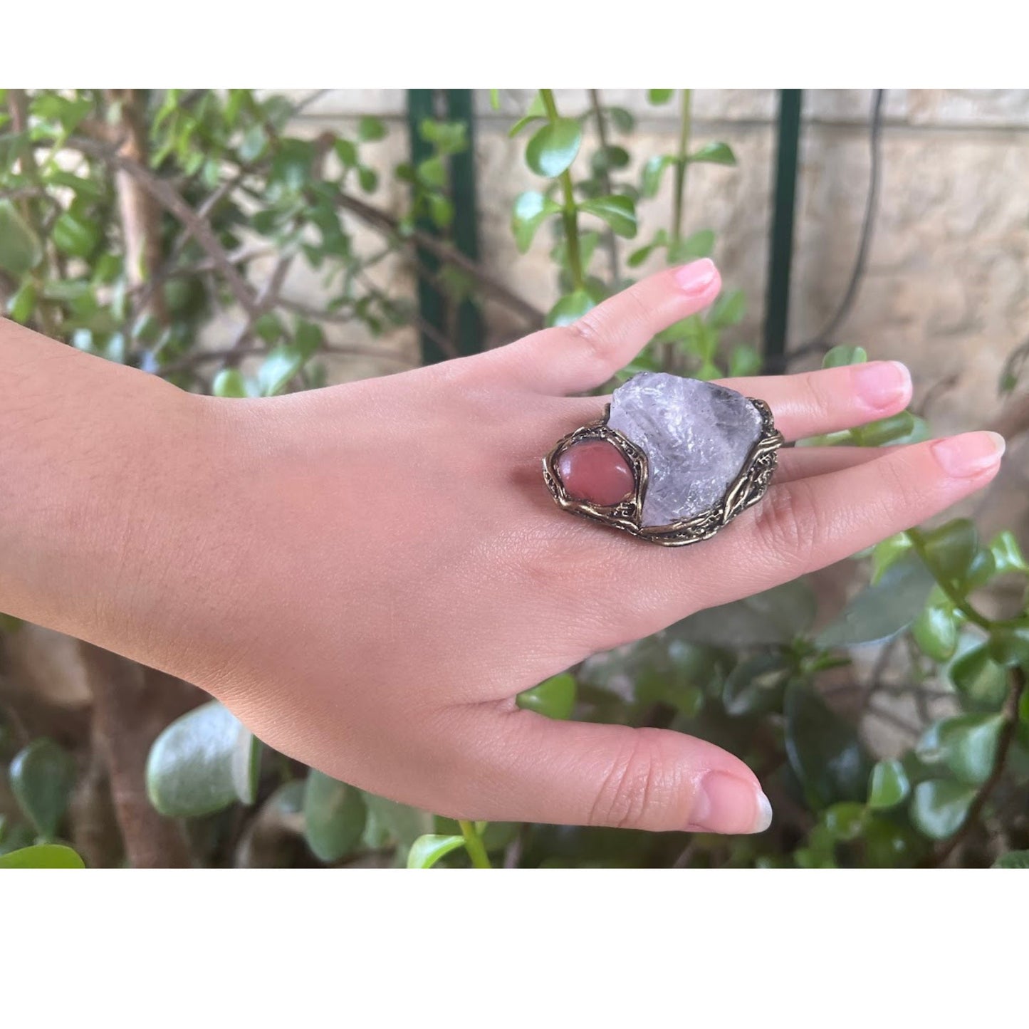 Raw Rose and Cherry Quartz Ring -  Large Pink Stone Statement Cocktail Ring