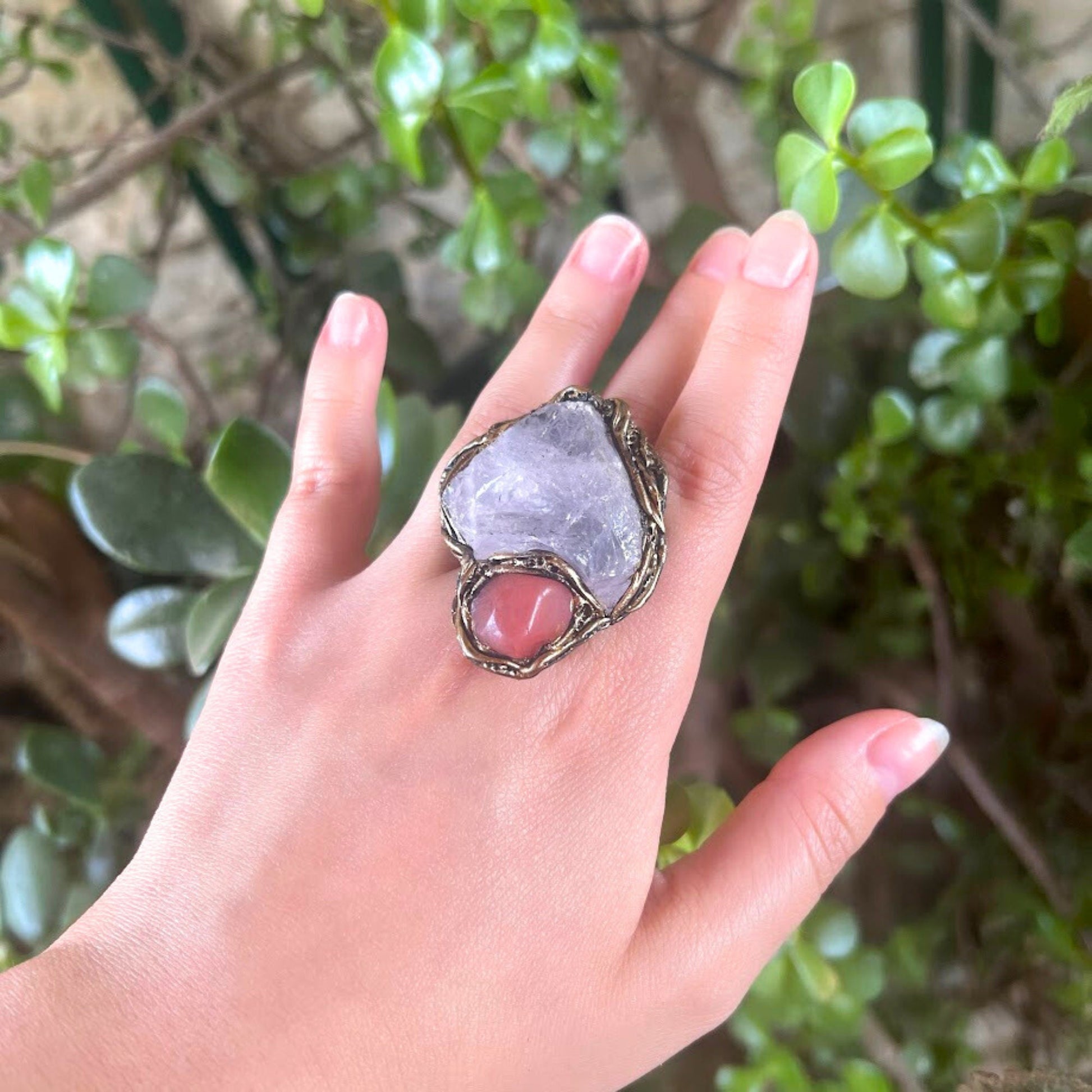 Raw Rose and Cherry Quartz Ring -  Large Pink Stone Statement Cocktail Ring