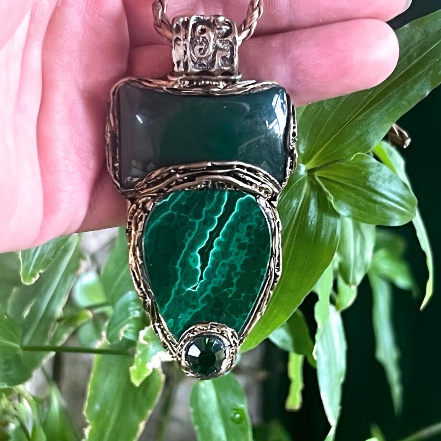 Malachite and Jade Green Large Stone Amulet Necklace