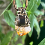 Citrine and Hematite Pendant -  Raw Crystal Amulet Necklace